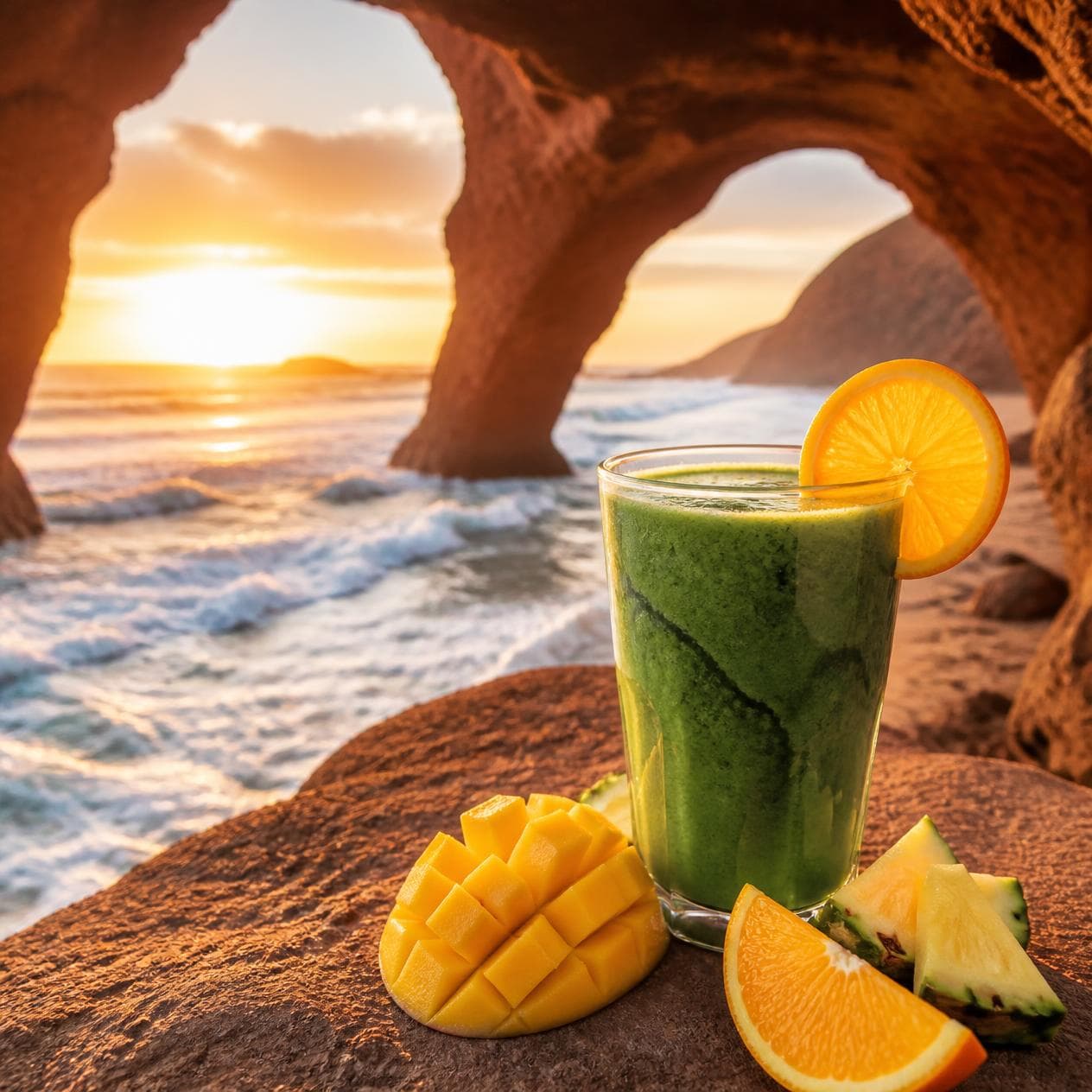 Mango-Pineapple-Orange Spirulina Smoothie, Legzira beach